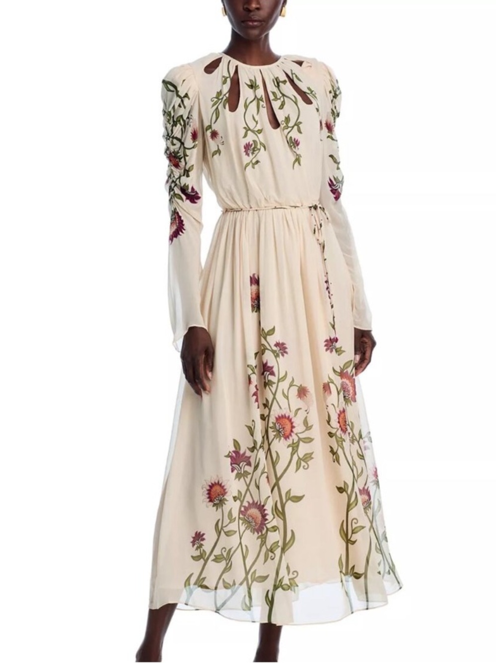 NEW FARM Rio Romantic Nature Multicolor Long Sleeve Maxi Dress Cream Floral Sz M